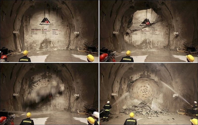 На этом коллаже из снимков виден поэтапный процесс работы буровой установки Sissi во время соединения двух тоннелей в один 15 октября. (REUTERS/Arnd Wiegmann)